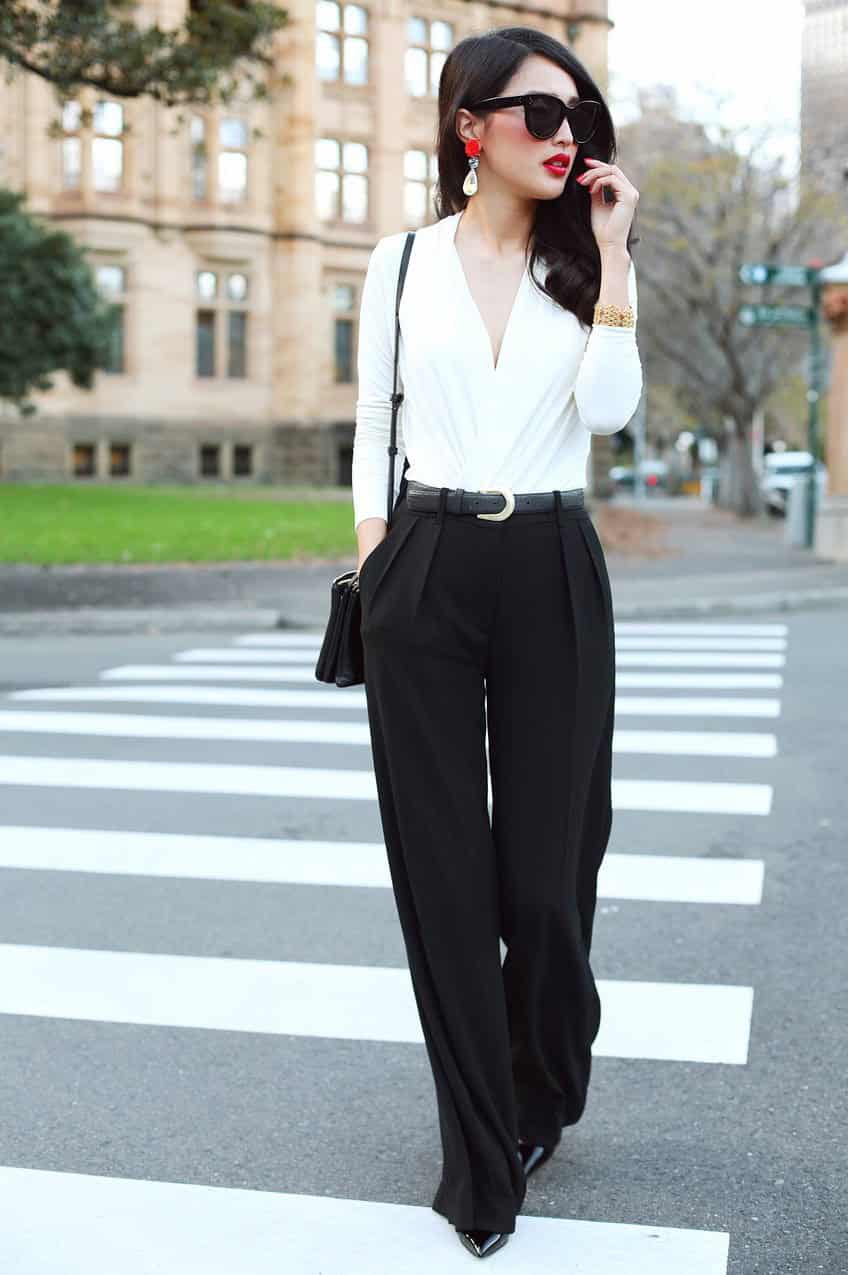 White top with a black flare skirt