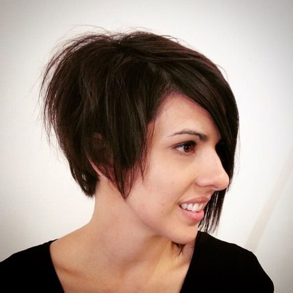 Messy brunette asymmetrical bob for short hair