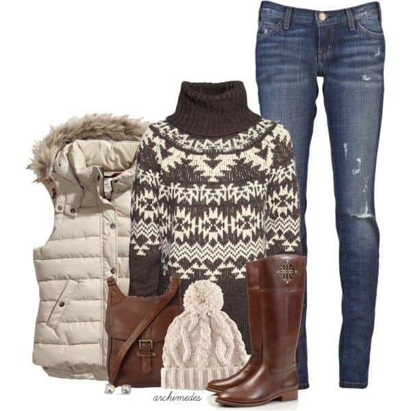 Brown and cream turtleneck, cream fur-trimmed vest and distressed jeans