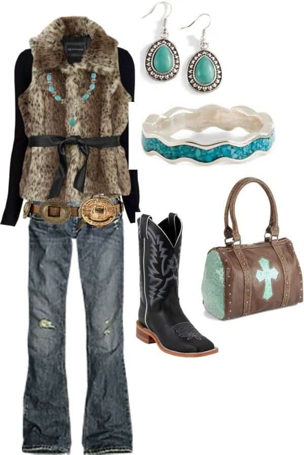 Black cowboy boots with faux fur animal print vest