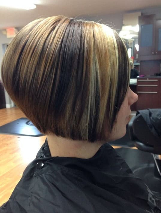 Chin-length A-line short bob (for thick hair) with two-tone chunks of color