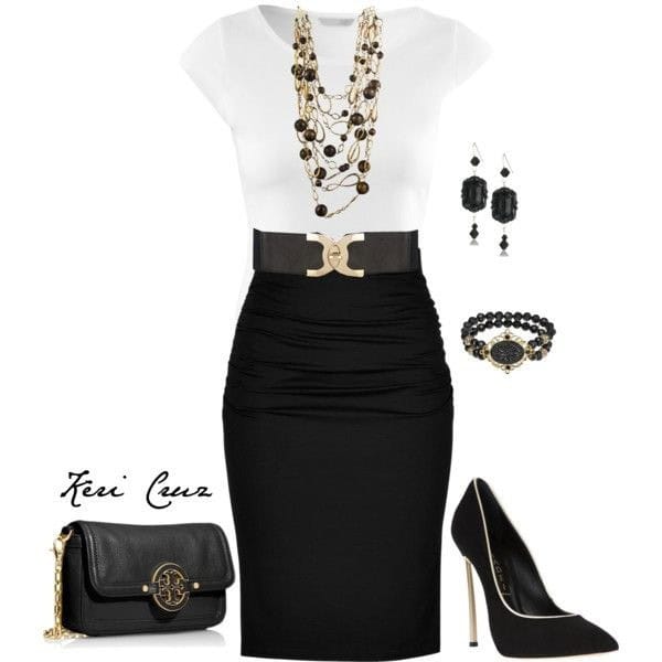 White fitted T-shirt and black pencil skirt