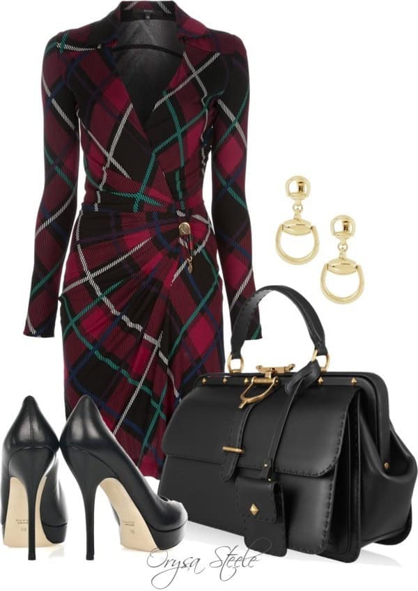 Plaid wrap dress and pumps