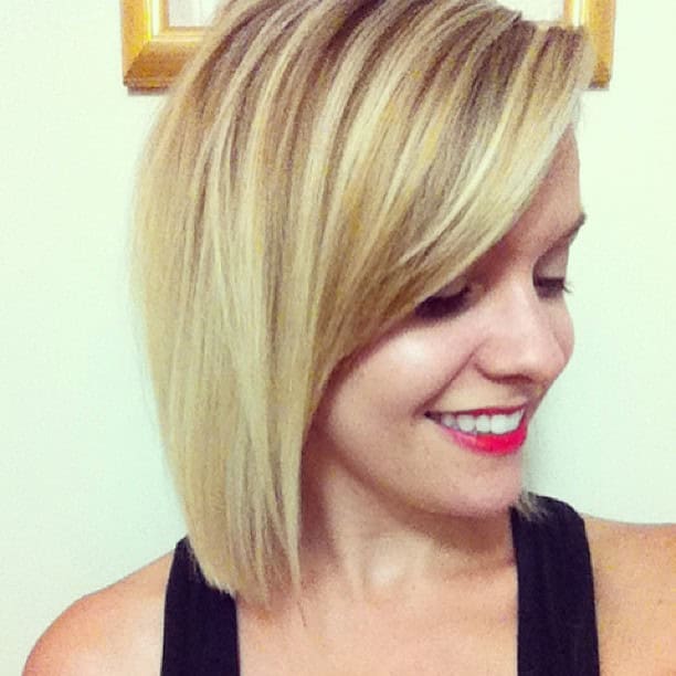 Blunt blonde lob with long bangs