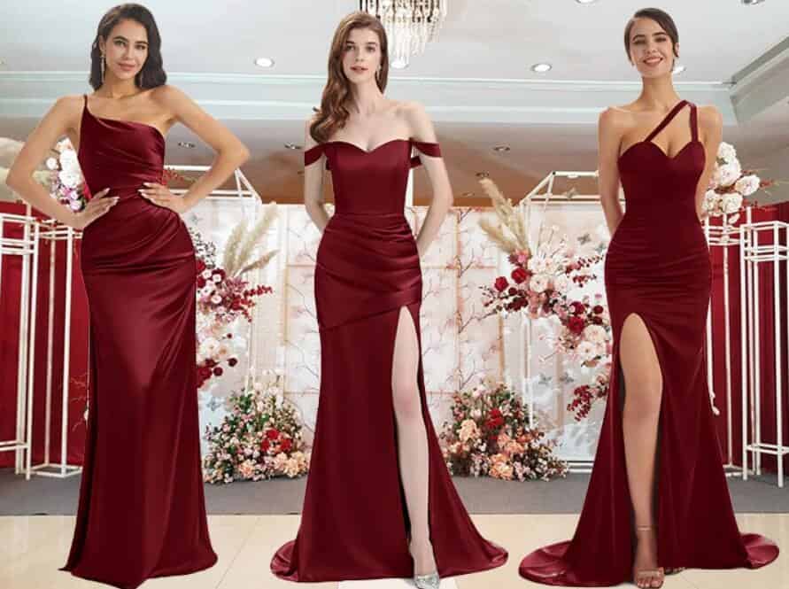 Elegant boho long burgundy satin bridesmaid dresses