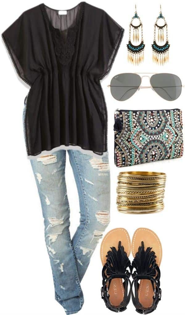 Black peasant top and distressed jeans