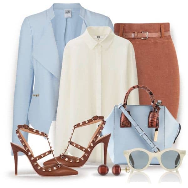 Cream shirt, cognac skirt and baby blue blazer