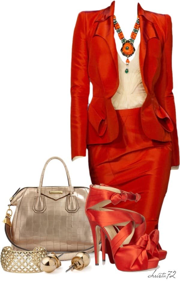 Red silk suit with red silk strap heels