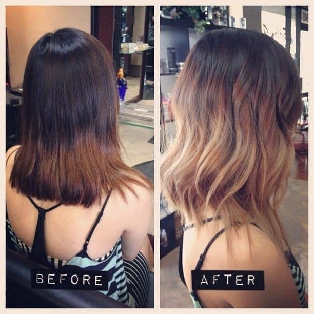 Wavy caramel and light blonde ombre long bob