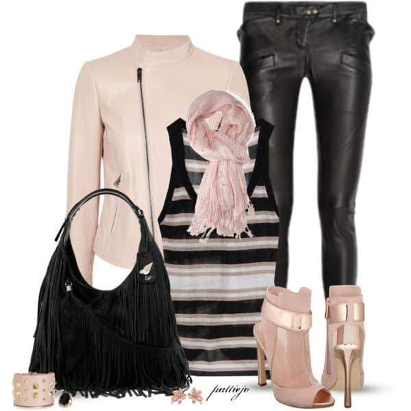 Light pink and black with black fringe purse