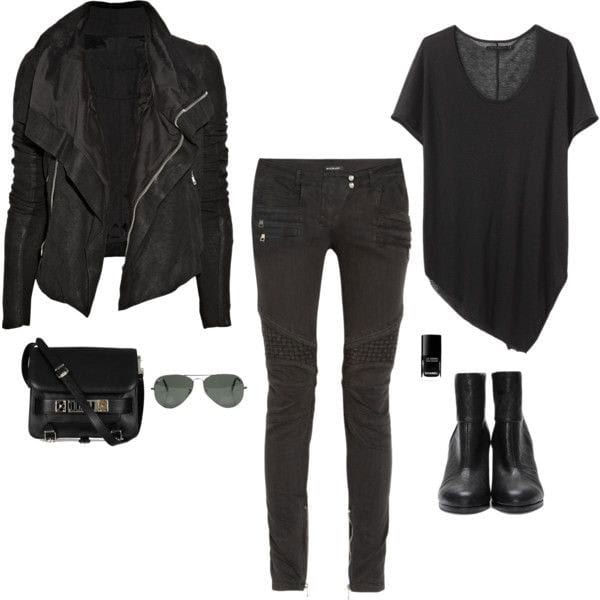 Black asymmetrical top with black suede jacket and black jeans