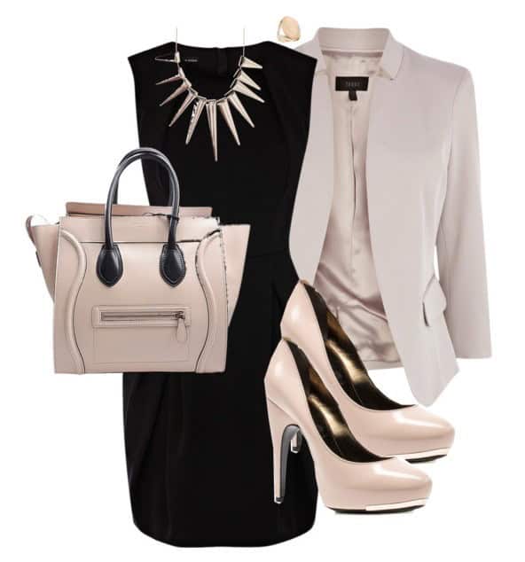 Black dress with taupe blazer