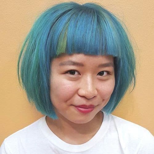 Bright Blue Bob with Fringe – hair color ideas for short hair