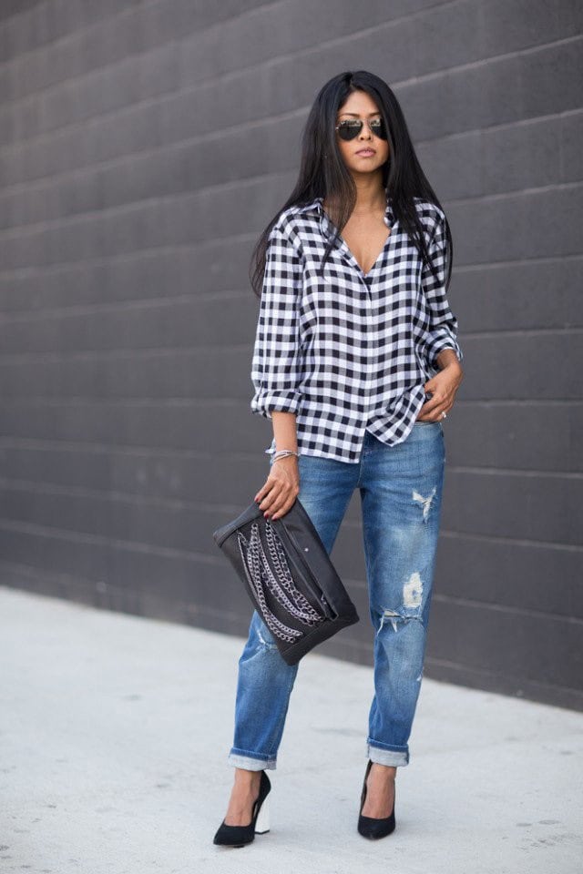 Chic Gingham Shirt with Baggy Jeans