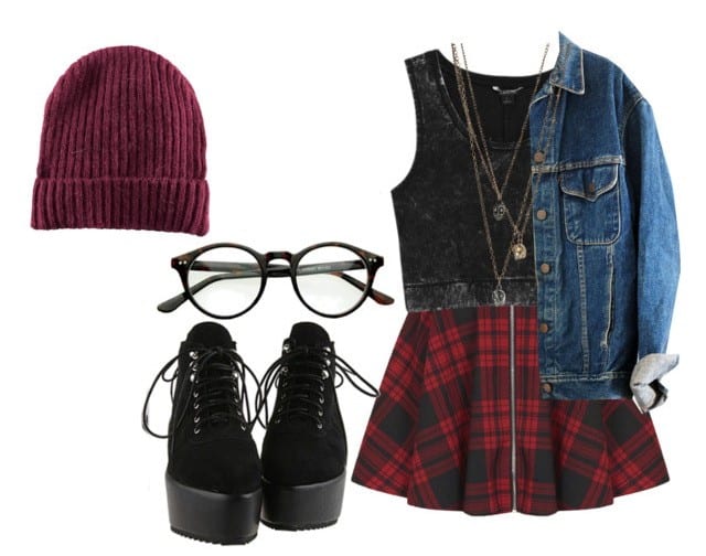 Tank, jean jacket, boots and mini plaid skirt