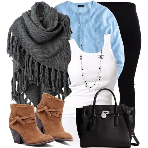 Button down cardigan, tank top and big fringe scarf