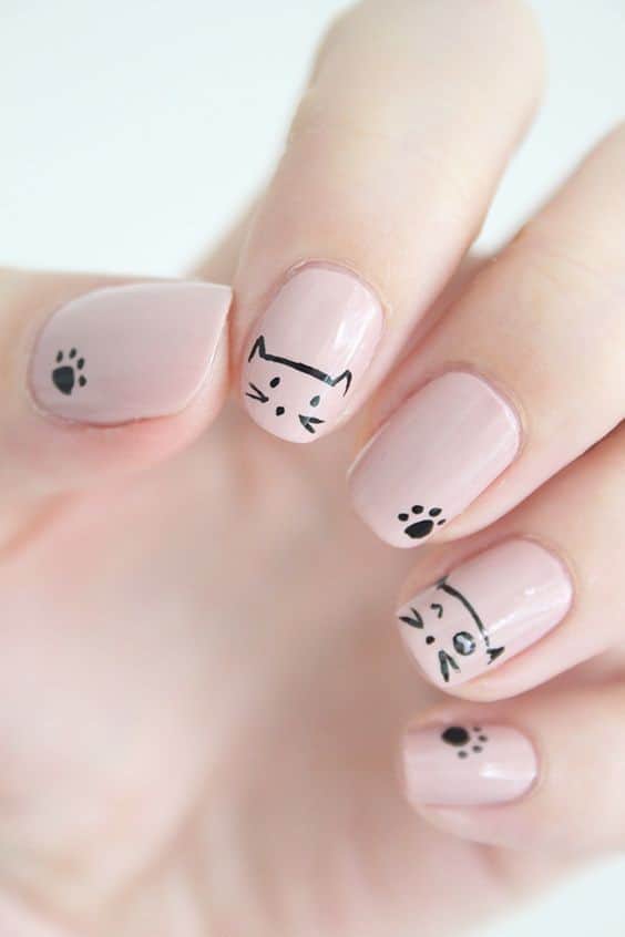 Nude Nails with Cat Nail Art