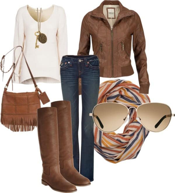 Brown leather jacket, calf boots and fringe purse