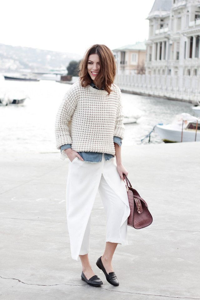 White Culottes with Knitwear Top