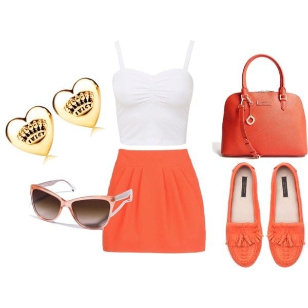 Orange mini skirt, white tank and orange flats