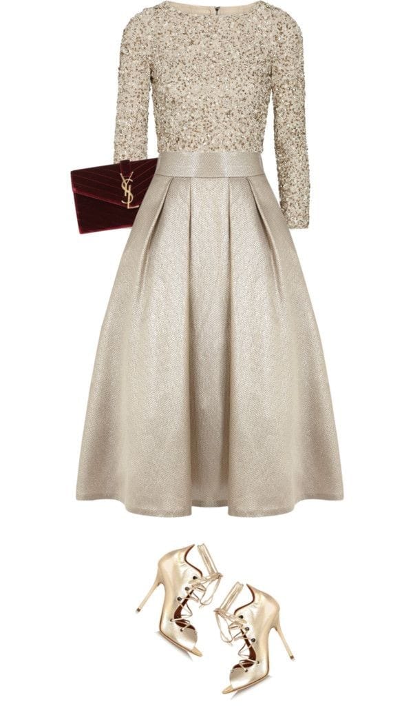 Gold beaded top with gold pleated flare skirt and velvet clutch