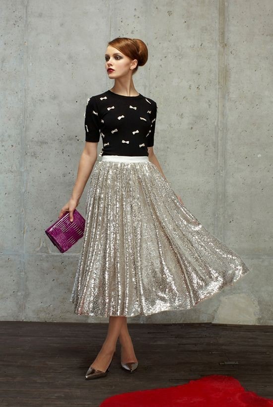 Metallic silver flare skirt