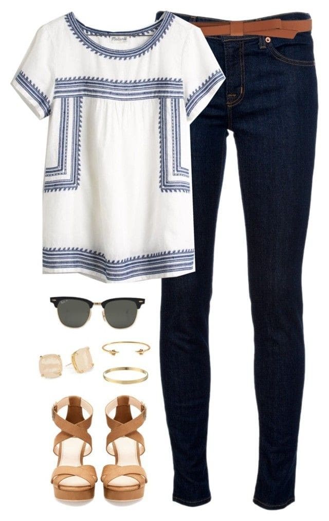 Navy and white peasant top and jeans