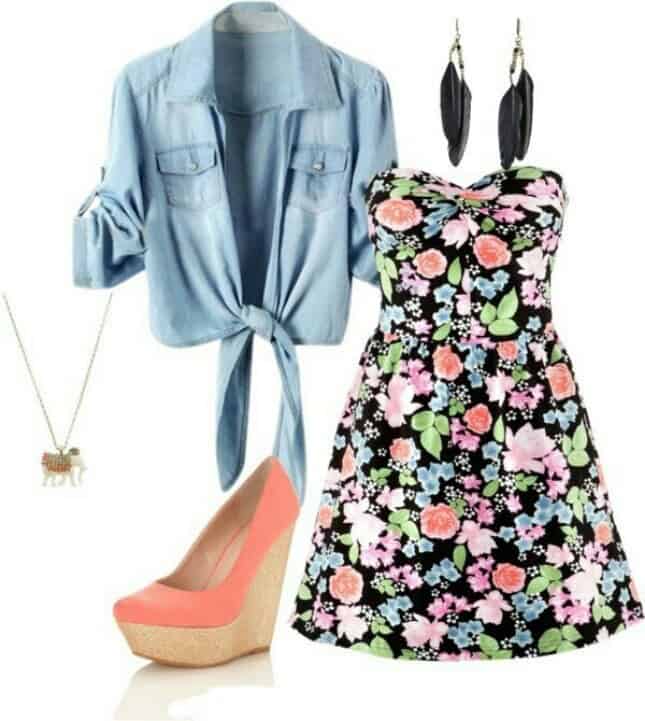 Floral strapless cocktail dress and jean shirt