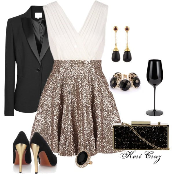 Black tuxedo jacket, white tank and gold sequin mini skirt