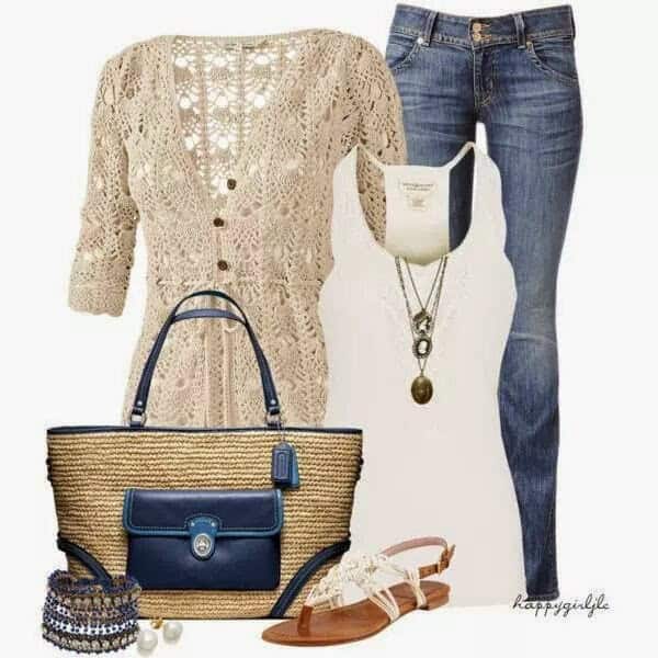 Crochet button-down, white tank and jeans