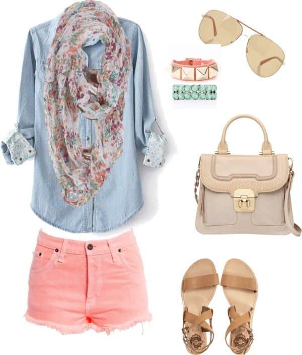 Blue jean shirt, shorts and floral infinity scarf