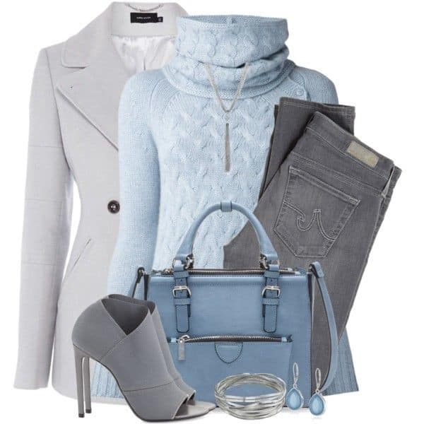 Baby blue turtleneck, grey jeans and a grey coat