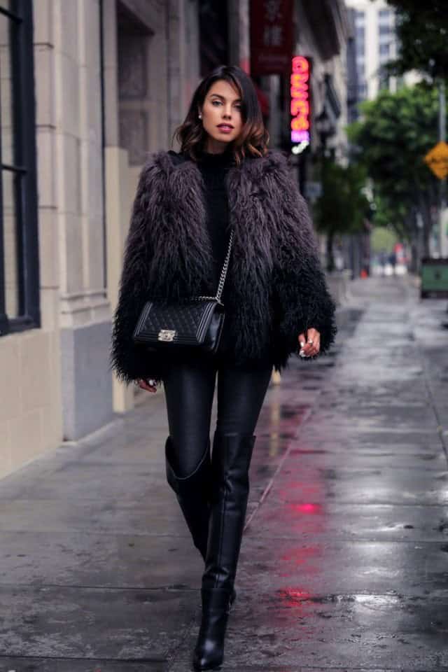 Faux-Fur Coat with Black Leather Boots