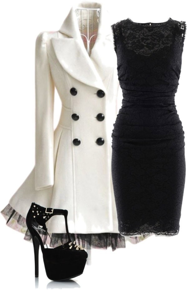 Black lace dress and white coat