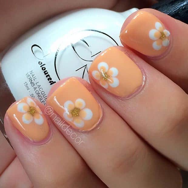 Orange Flower Nail Design for Short Nail