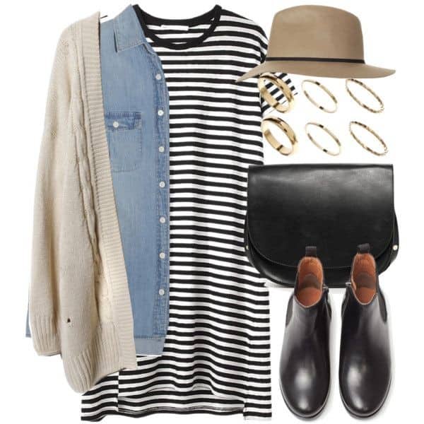 Striped shirt dress, blue jean shirt and cream cardigan