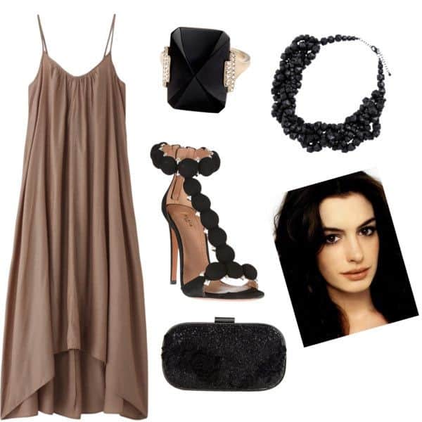 Camel-colored asymmetrical dress and black heels