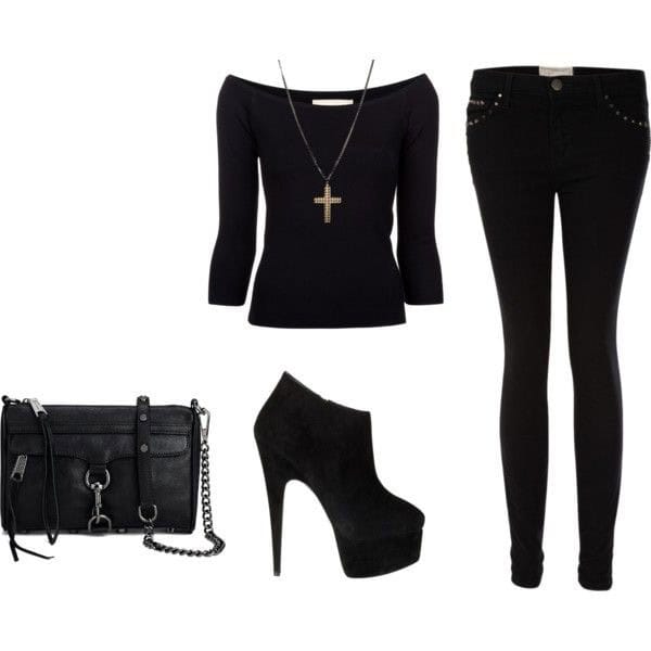 Black off-shoulder quarter-length top and black skinny jeans